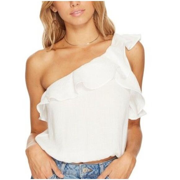 ASTR The Label Linen Crop One Shoulder Flutter Top Large White Asymmetrical - Picture 1 of 7